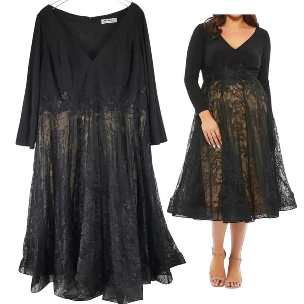 NWOT Mac Duggal Long Sleeve A Line Tea Length Dress Lace Whimsigoth Cocktail 24W